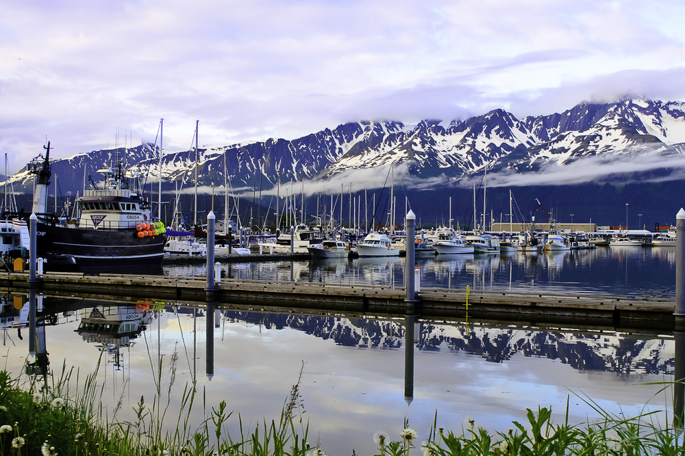Boats in a harbor in front of beautiful Alaskan Mountains
