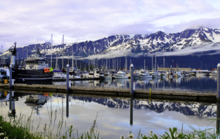 Petersburg Alaska docks and mountains.